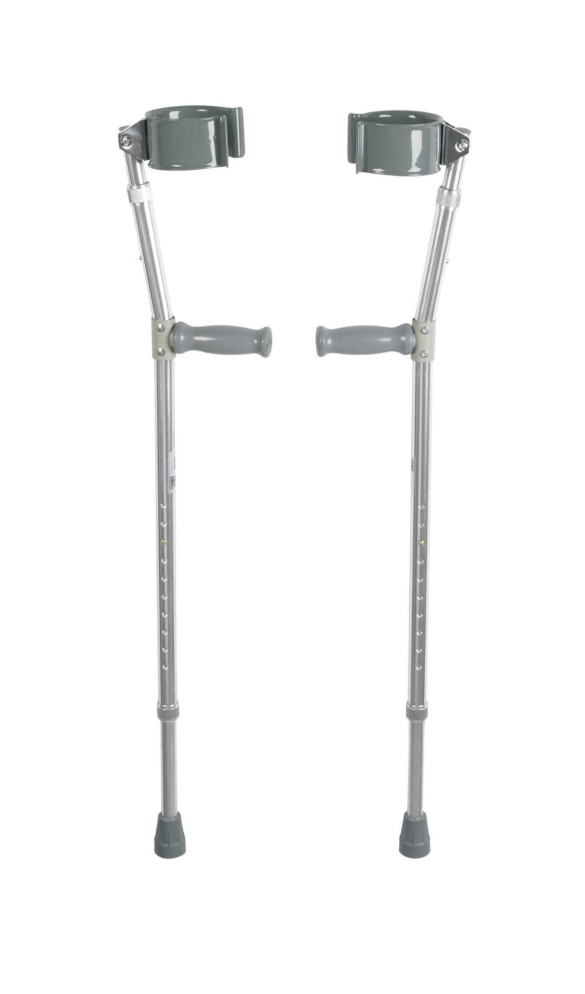 Lightweight forearm crutches pair with gray arm cuffs, hand grips, adjustable aluminum shafts, and rubber tips
