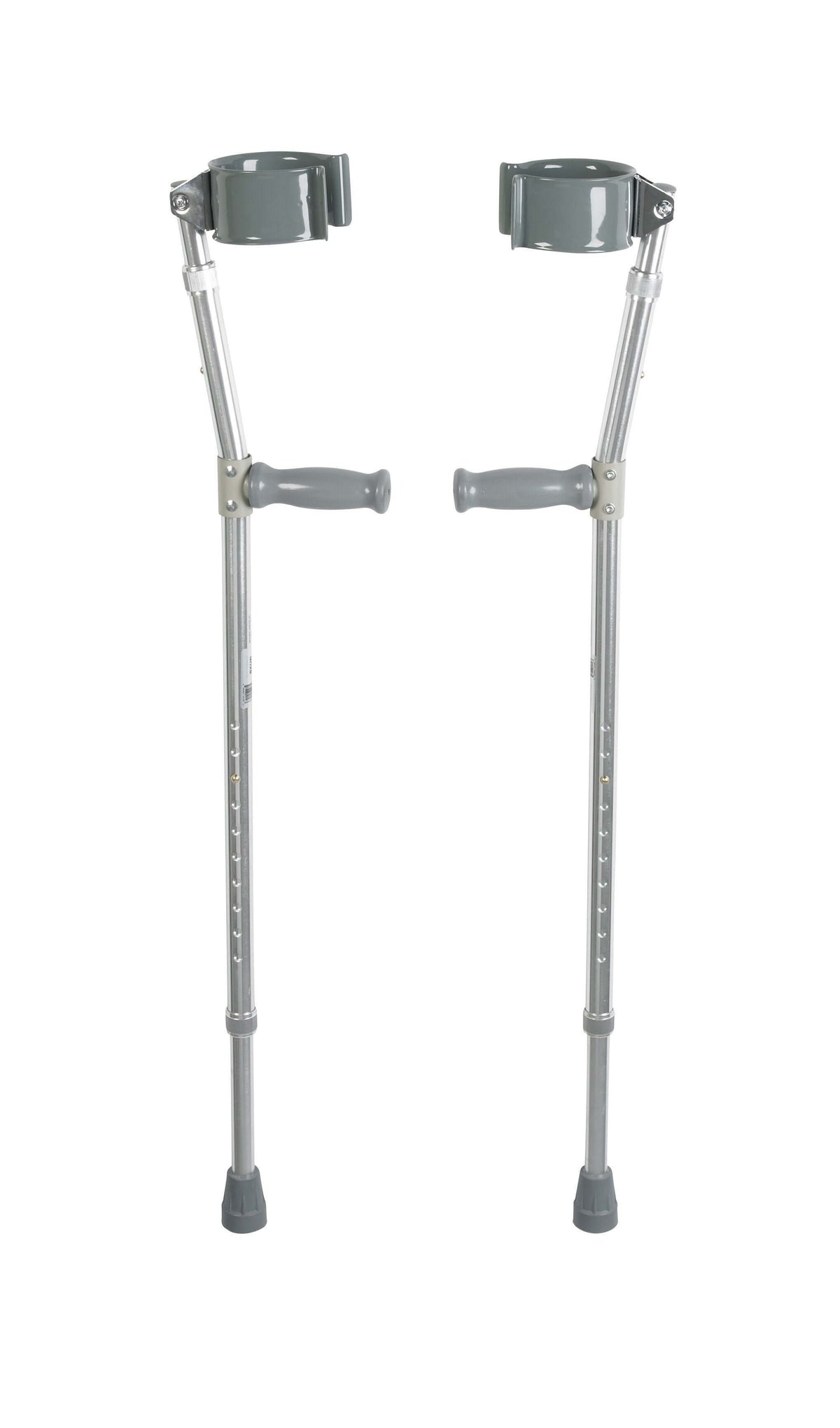 Lightweight forearm crutches pair with gray arm cuffs, hand grips, adjustable aluminum shafts, and rubber tips on white