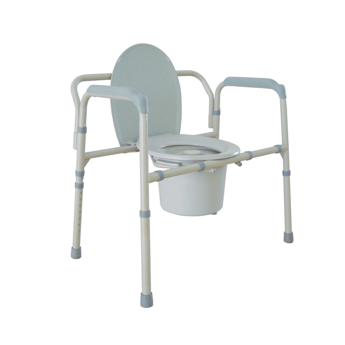 Bariatric folding bedside commode with steel frame, padded armrests, oval backrest, open seat, and removable collection