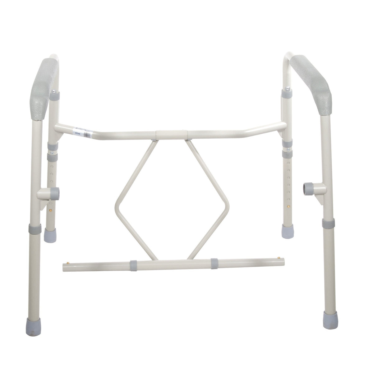 Folding bedside commode frame with padded armrests, adjustable legs, and diamond-shaped cross brace, shown on white