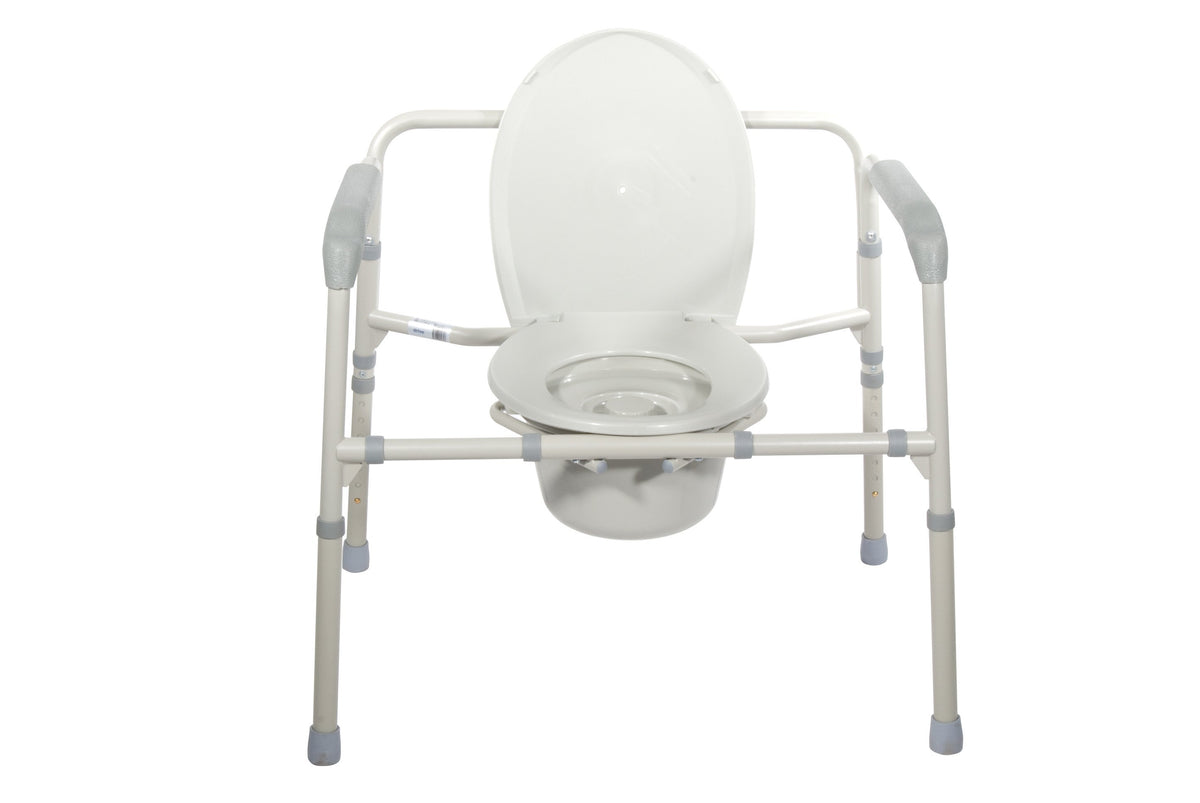 Bariatric folding bedside commode with white seat, lid, collection bucket, padded armrests, and adjustable steel frame legs