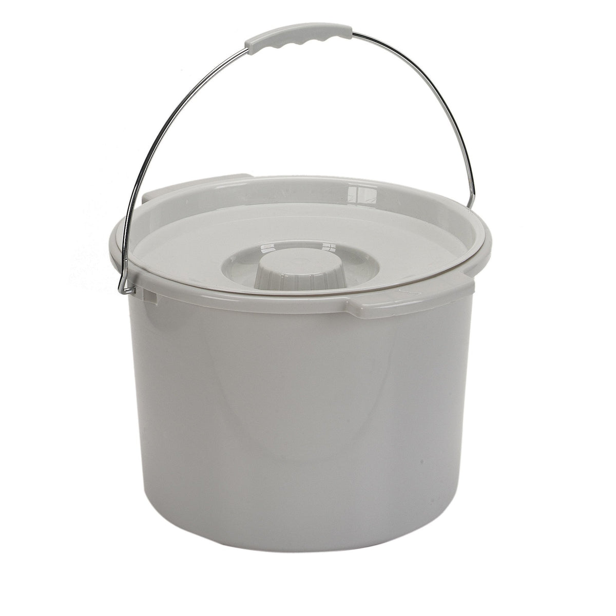 Commode bucket with lid and metal bail handle in light gray plastic, shown on white background