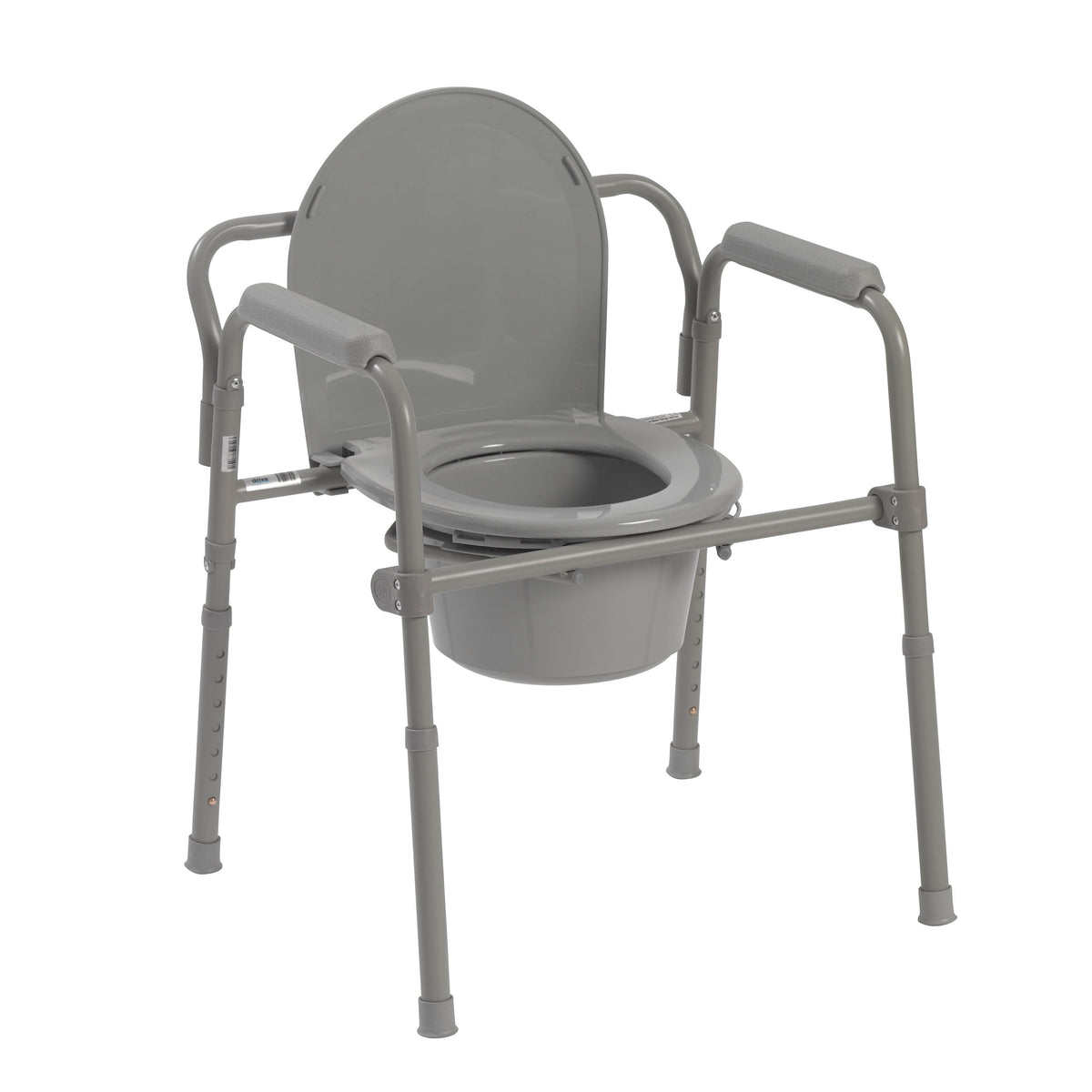 Folding steel bedside commode with gray metal frame, padded armrests, oval seat, and removable bucket