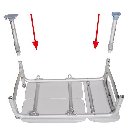 Transfer bench frame with two adjustable legs shown detached above, illustrating leg attachment assembly process