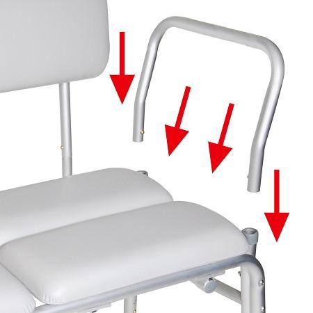 Transfer bench padded seat close-up showing armrest with red arrows indicating height adjustment points on silver aluminum