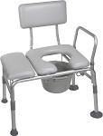 Padded seat transfer bench with commode opening, bucket, and adjustable aluminum legs