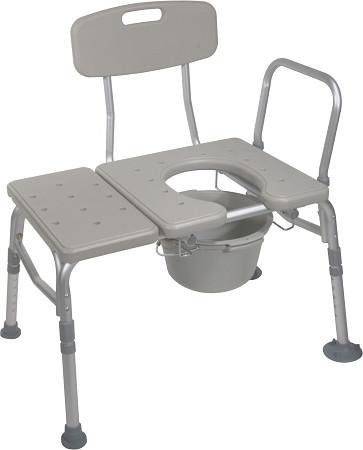 Combination transfer bench with commode opening, featuring gray plastic seat, cutout with bucket, backrest, armrest, and