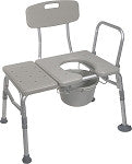 Combination plastic transfer bench with commode opening, cutout seat, armrails, backrest, and bucket on aluminum frame