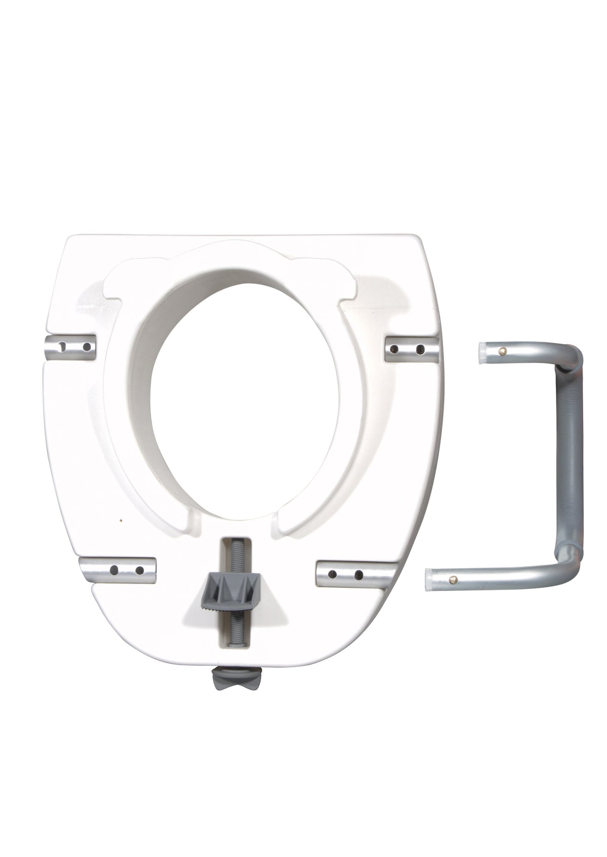 Raised toilet seat with locking mechanism and removable metal armrests, white plastic, viewed from front angle
