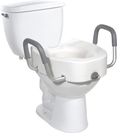 Raised toilet seat with removable padded armrails locked onto a standard white toilet bowl and tank