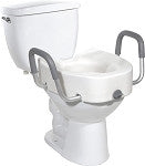 Raised toilet seat with locking mechanism and removable padded armrails installed on a standard white toilet