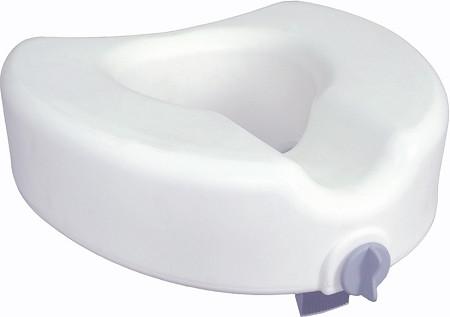 Raised toilet seat in white plastic with open front and locking side lever, shown on white background