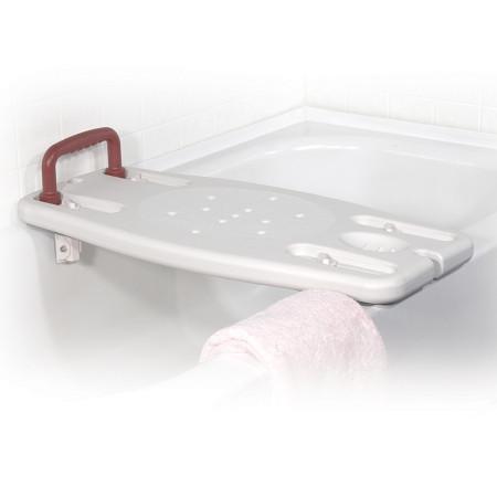 Portable shower bench with perforated white seat, red handle, and towel bar, mounted across a bathtub edge
