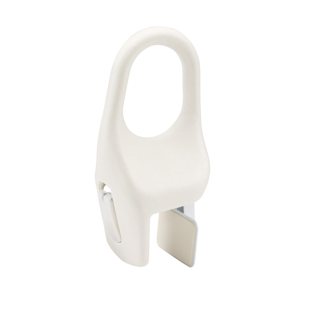 Bathtub grab rail with white loop handle and clamp-style base for tub edge mounting
