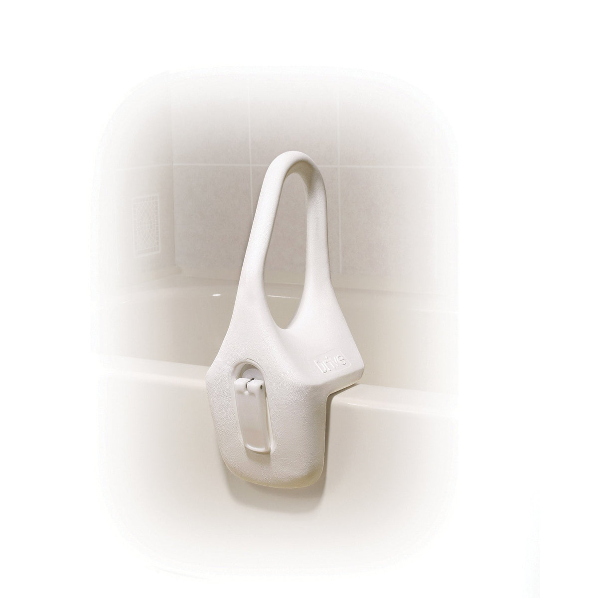 Bathtub grab rail with molded handle and clamp mount, shown installed on white tub ledge with tiled wall background