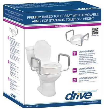 Raised toilet seat riser with removable padded arms shown in Drive brand retail packaging box with product details