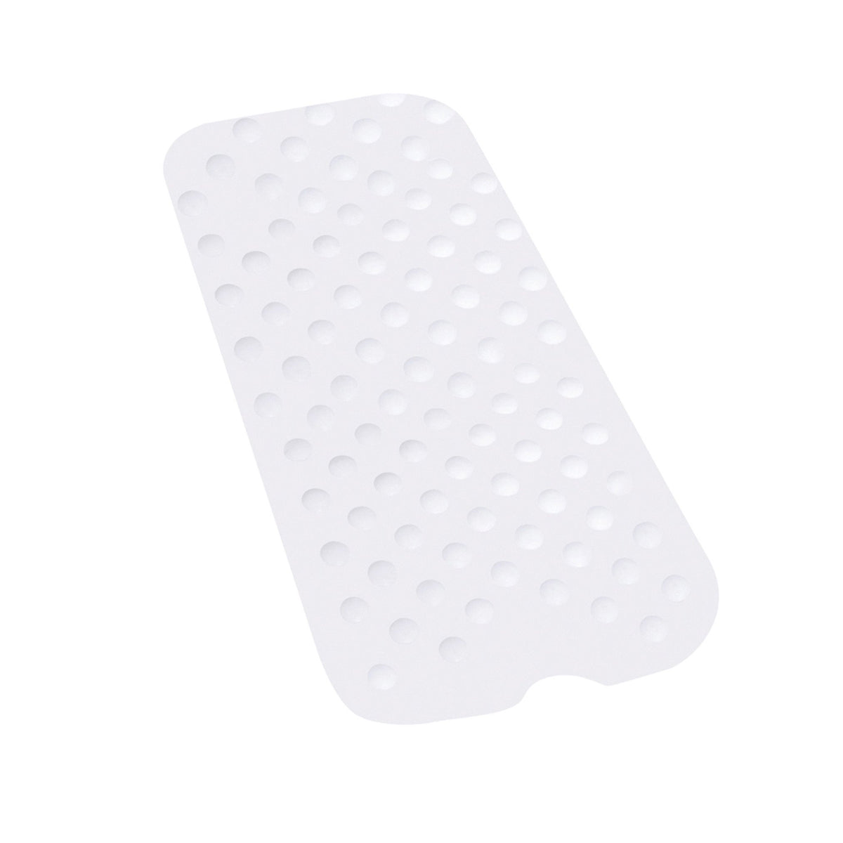 Shower bathtub mat in white with suction cup dots on underside and rounded rectangular shape with notched bottom edge