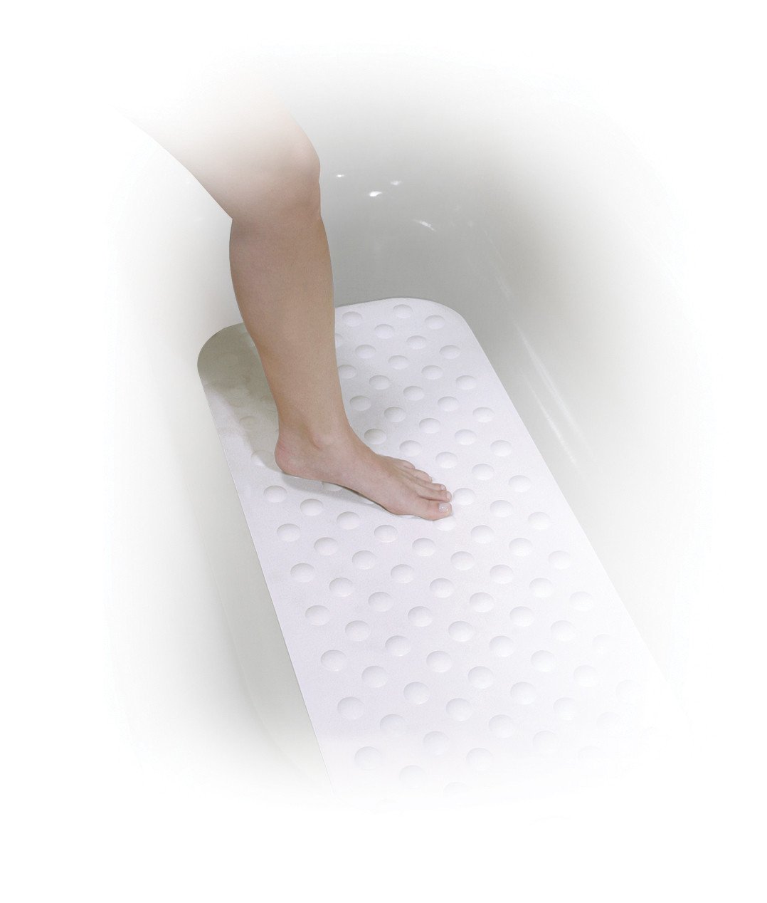 Shower bathtub mat in white with suction cup texture, shown with a person's bare foot standing on it inside a tub