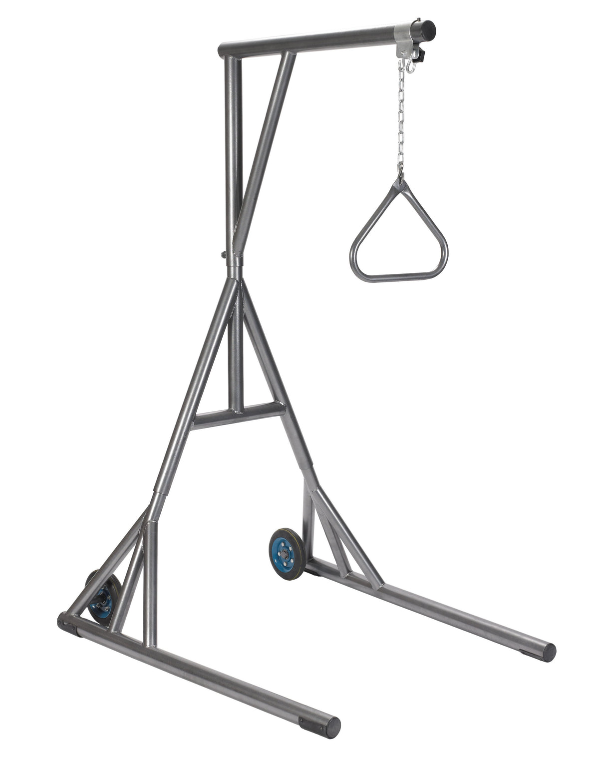 Freestanding trapeze bar with A-frame base, chain-hung triangle handle, and blue caster wheels in silver vein finish