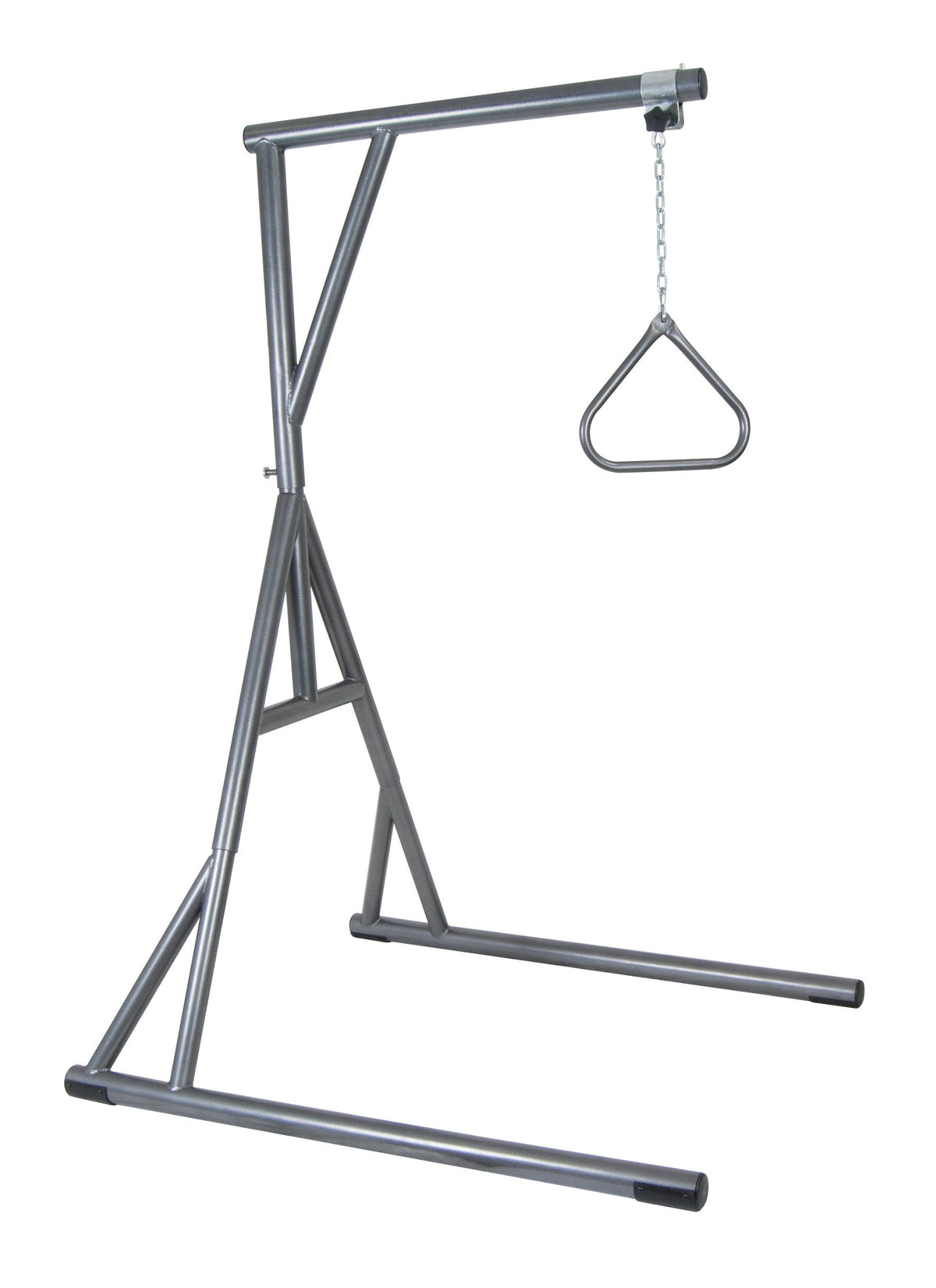 Bariatric heavy duty trapeze bar with freestanding A-frame base and chain-suspended triangular grab handle in silver finish