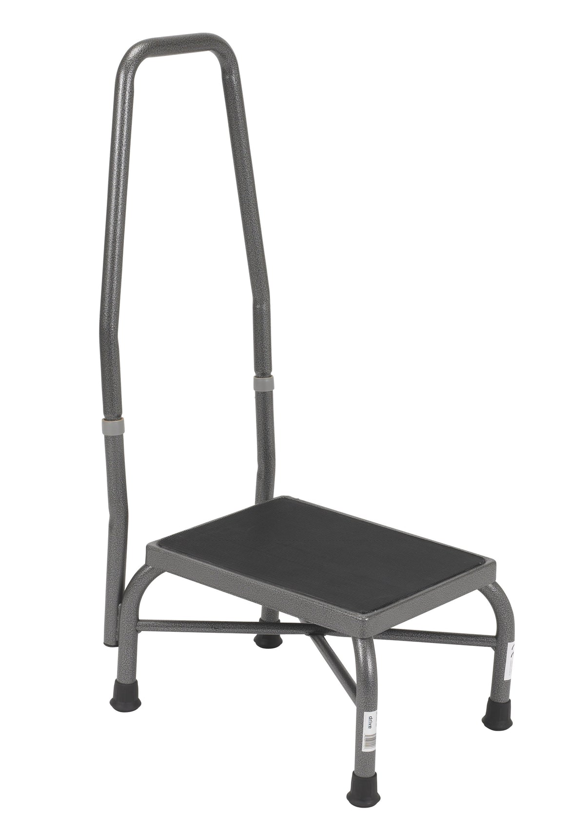Step stool with tall curved handrail, black non-skid platform, gray steel frame, and rubber non-slip feet on white background