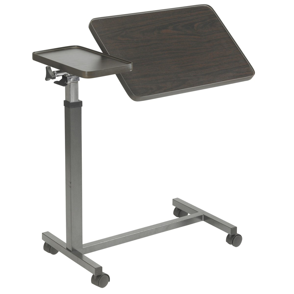 Overbed table with tilting dark wood-grain top, small side tray, adjustable steel post, and rolling casters on H-base frame