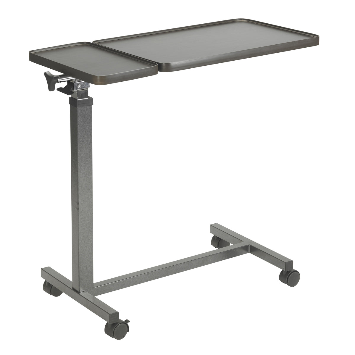 Overbed table with split tilt-top tray, height-adjustable steel frame, and four rolling casters in dark gray finish