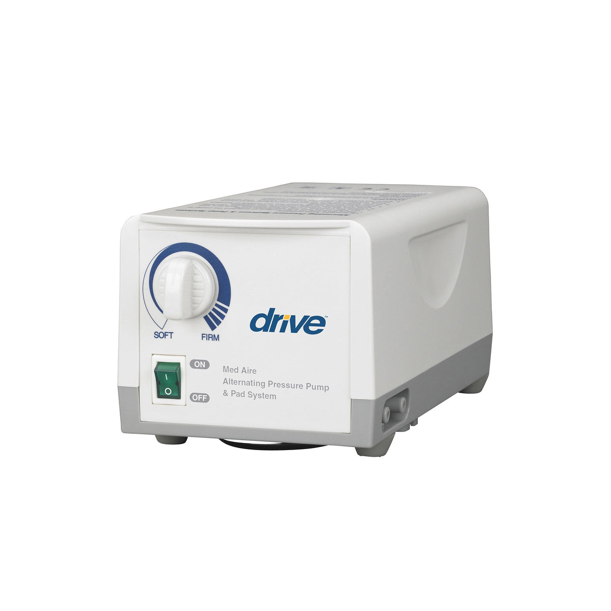 Alternating pressure pump unit in white and gray with soft-to-firm dial, on/off toggle switch, and Drive branding on front