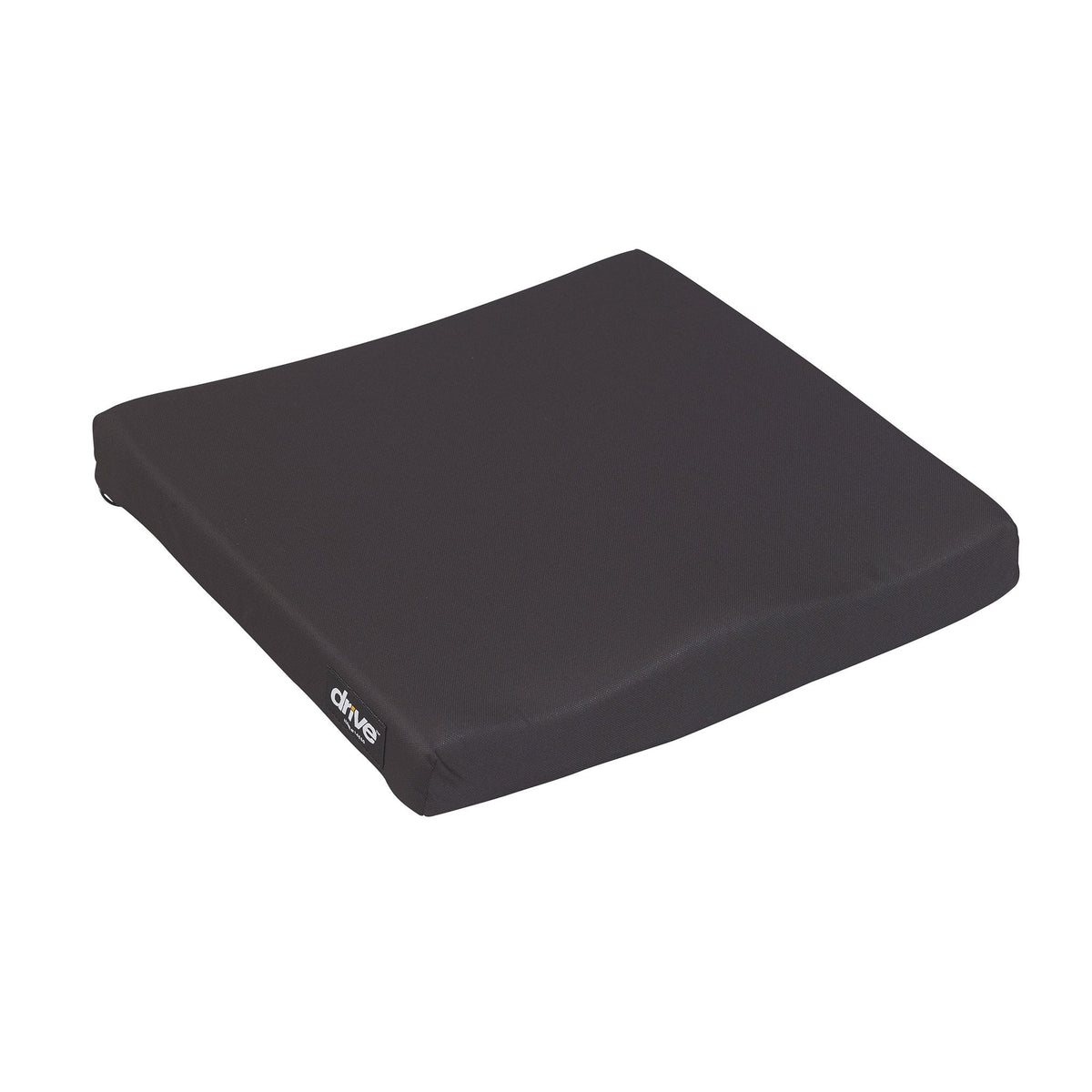 Wheelchair seat cushion with black fabric cover, shown at an angle on white background