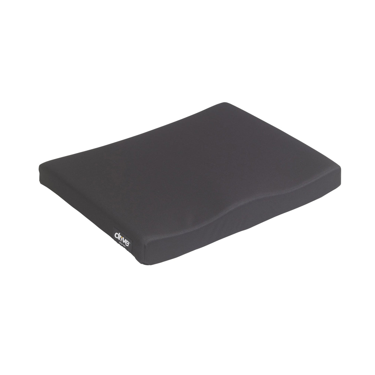 Wheelchair seat cushion with black fabric cover and contoured foam base, shown at an angle on white background
