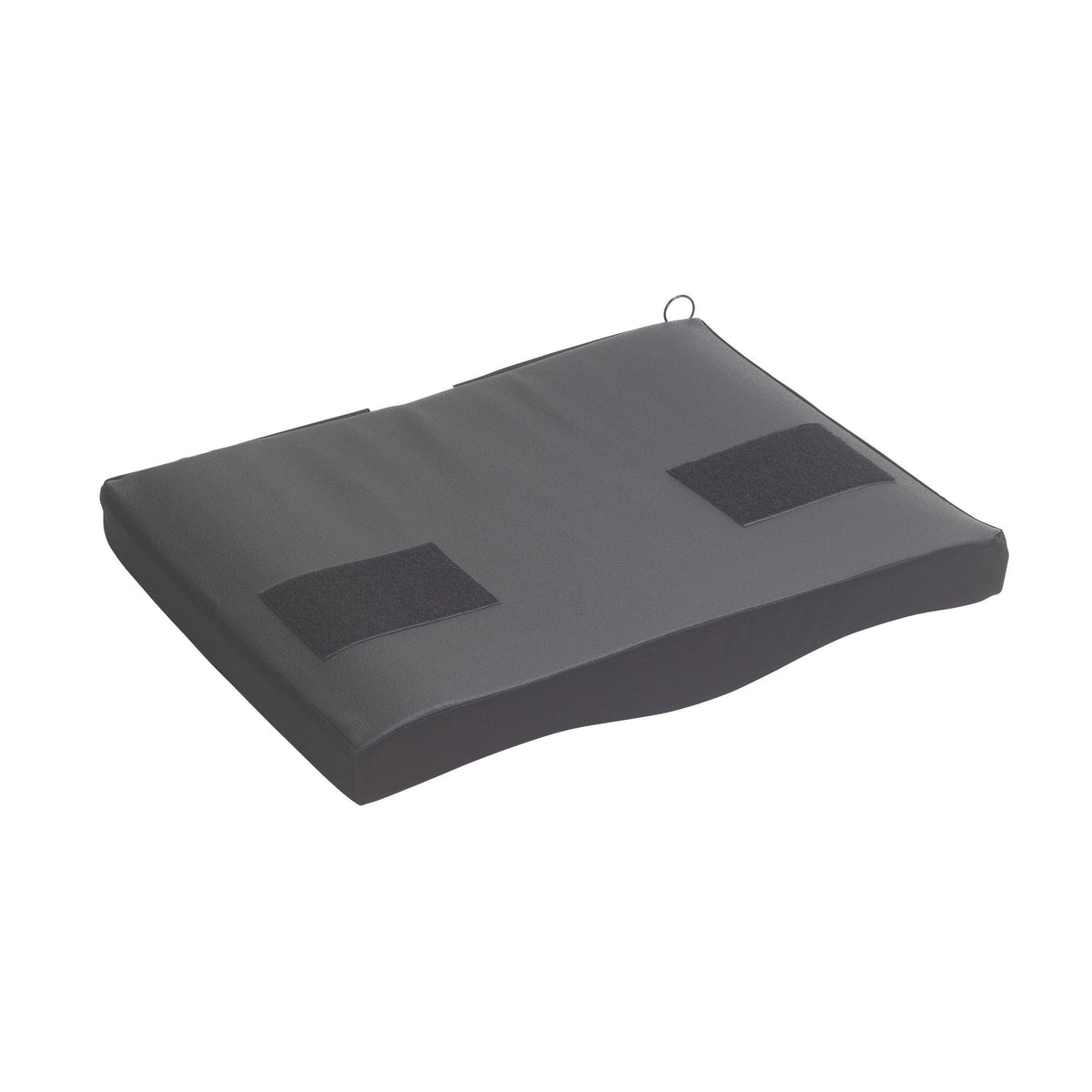 Wheelchair seat cushion in dark gray vinyl with two hook-and-loop fastener patches and a metal hanging loop on top