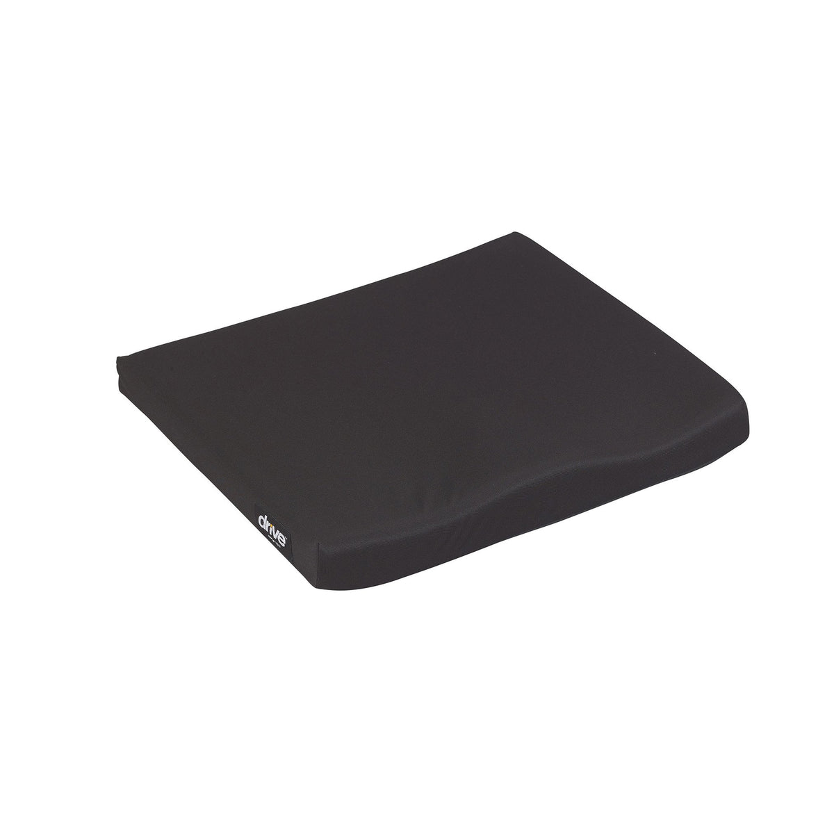Wheelchair seat cushion with black fabric cover, slightly contoured top surface, shown on white background