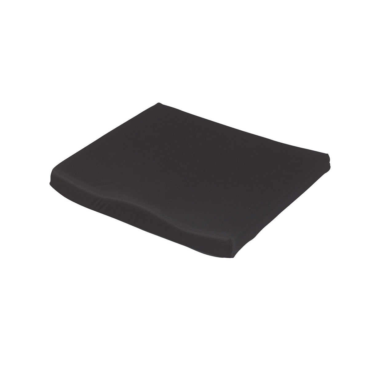 Wheelchair seat cushion with black fabric cover and contoured front edge, shown on white background
