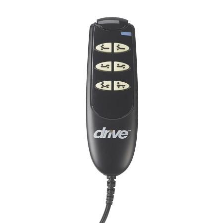 Hospital bed hand control remote with six oval position adjustment buttons and attached cord, black with Drive branding
