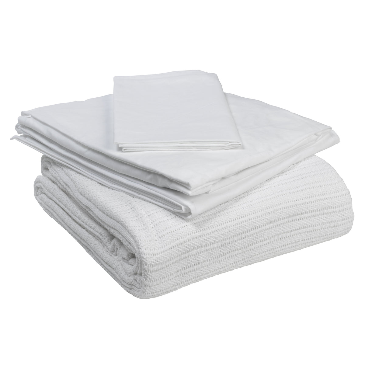 Hospital bed bedding set including folded white flat sheets, pillowcase, and thermal blanket stacked together