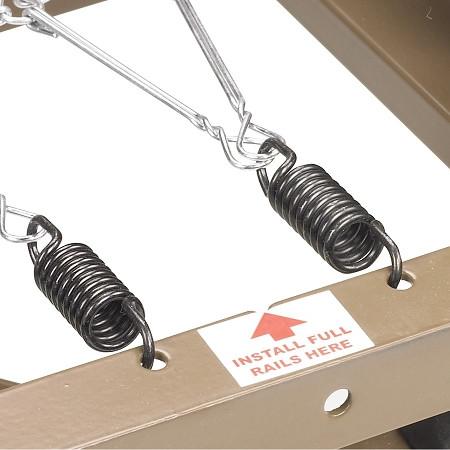 Hospital bed frame detail showing two coil springs with chain hooks and Install Full Rails Here label on metal rail