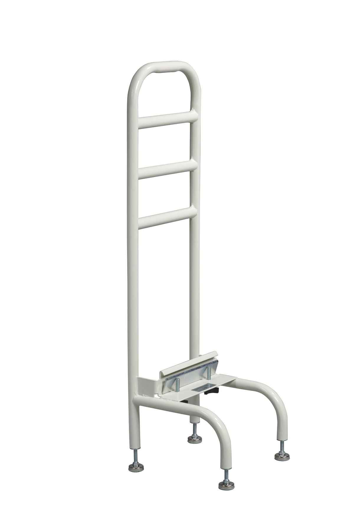 Bed rail assist handle with white steel frame, multiple grab bars, floor support legs, and adjustable mattress bracket