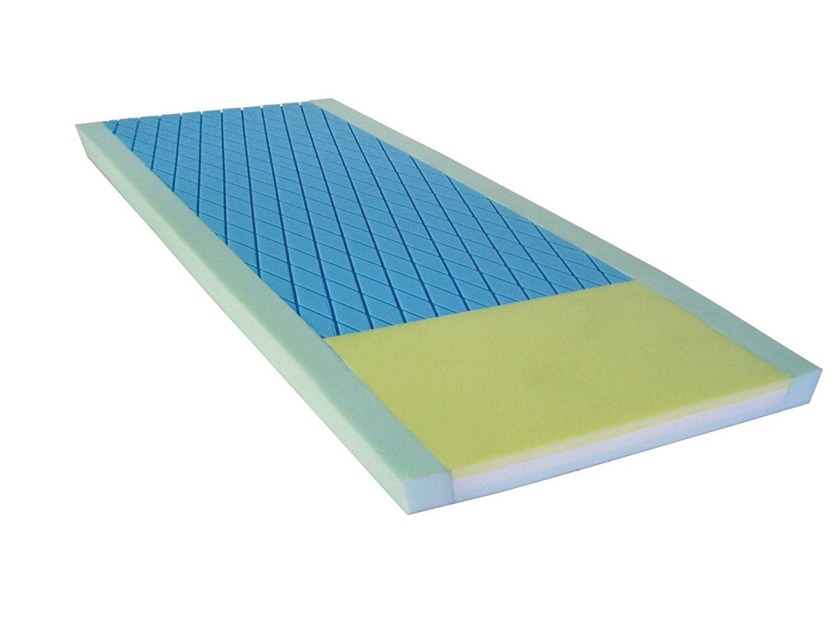 Foam pressure redistribution mattress with blue diamond-cut upper section, yellow-green lower section, and teal foam border