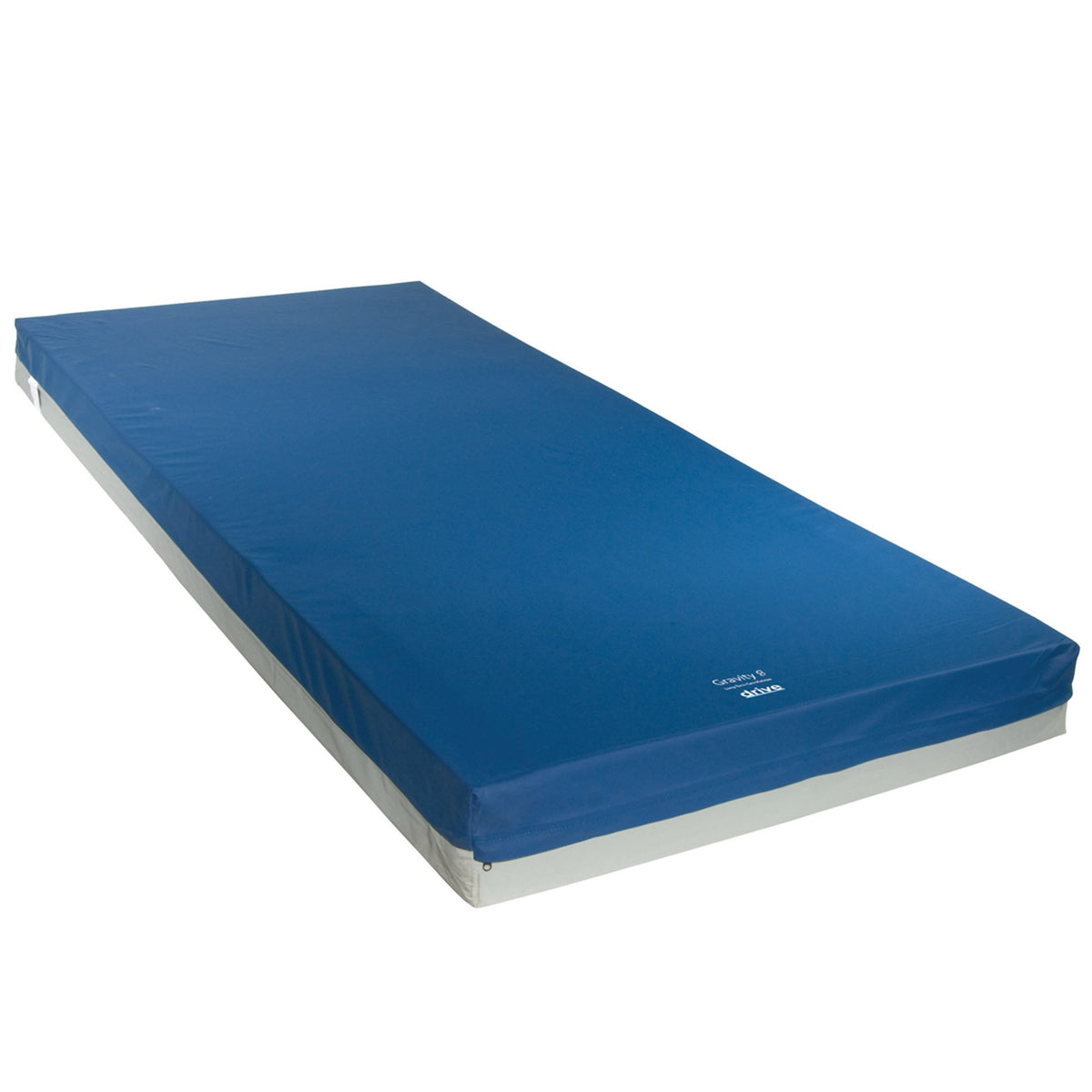 Gravity 8 long term care pressure redistribution mattress with blue vinyl cover and gray foam base, shown on white background