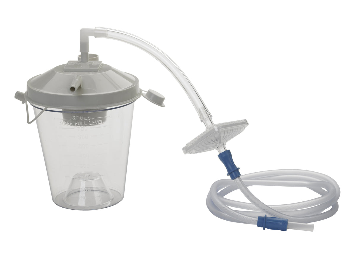 Suction machine replacement kit with clear graduated canister, gray lid, curved inlet tube, filter, and clear tubing with