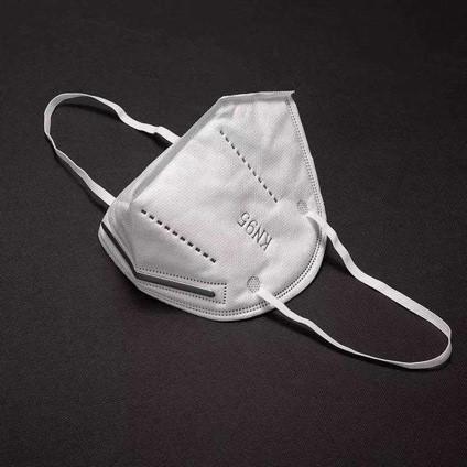 KN95 respirator mask in white with ear loops, folded flat on a dark background