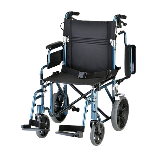 Transport chair with blue aluminum frame, black upholstery, flip-up armrests, swing-away footrests, and 12-inch rear wheels