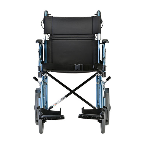 Transport chair with blue frame, black upholstered back and seat, flip-up arms, and small front wheels, rear view