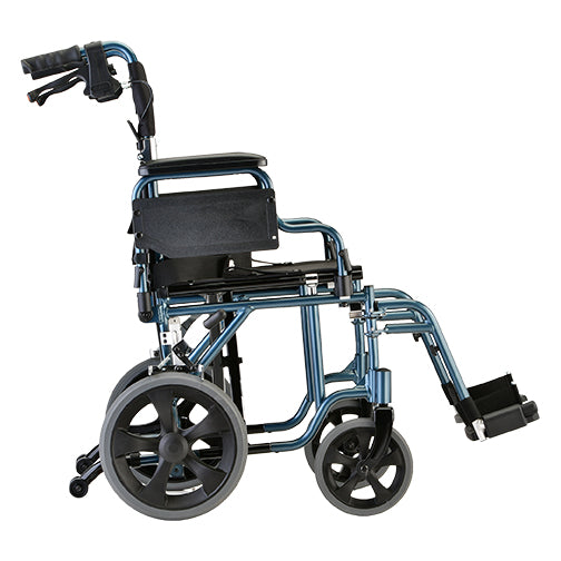 Transport chair with blue frame, black padded seat and back, flip-up armrests, swing-away footrests, and 12-inch rear wheels