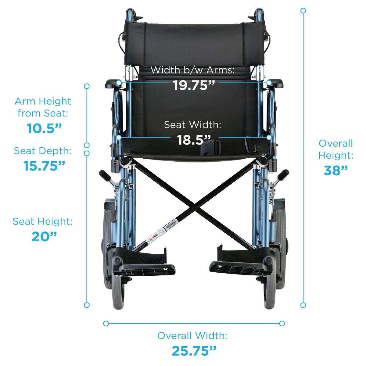Transport chair front view with dimension callouts showing seat width, overall height, width between arms, and other key