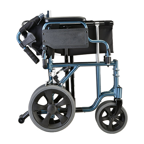 Transport chair with blue frame, black upholstered seat, flip-up arms, and 12-inch rear wheels, shown from the side