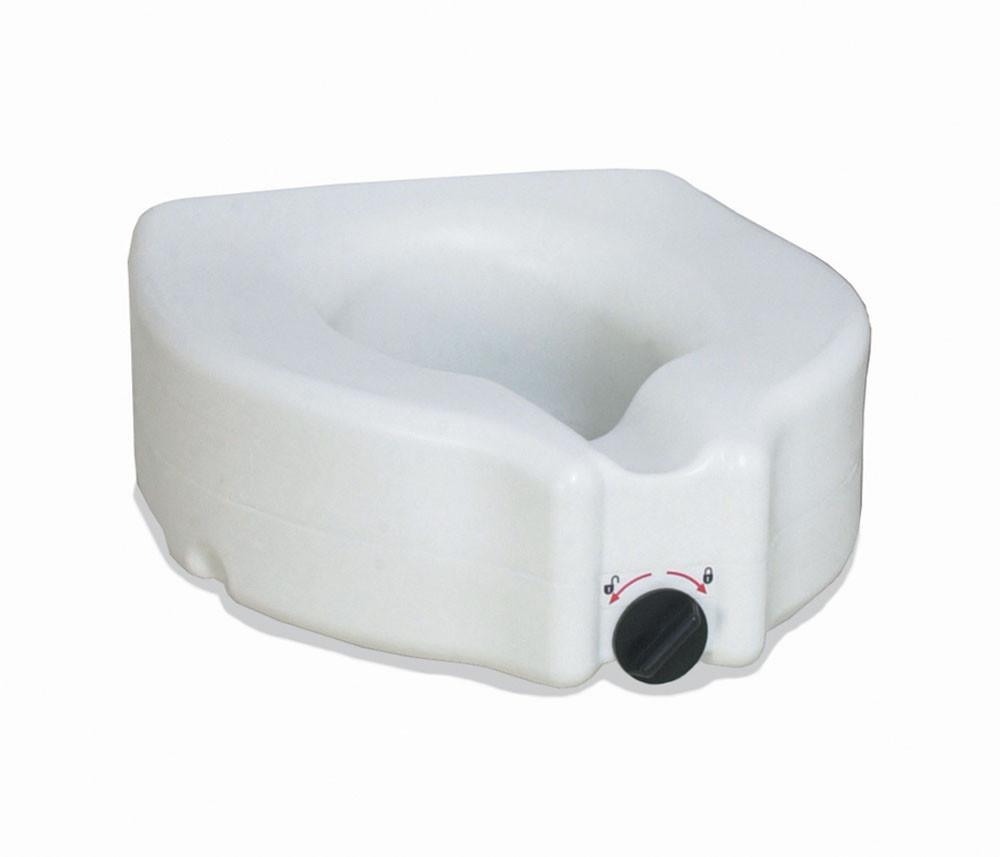 Raised toilet seat in white plastic with open front design and black locking knob on the front side