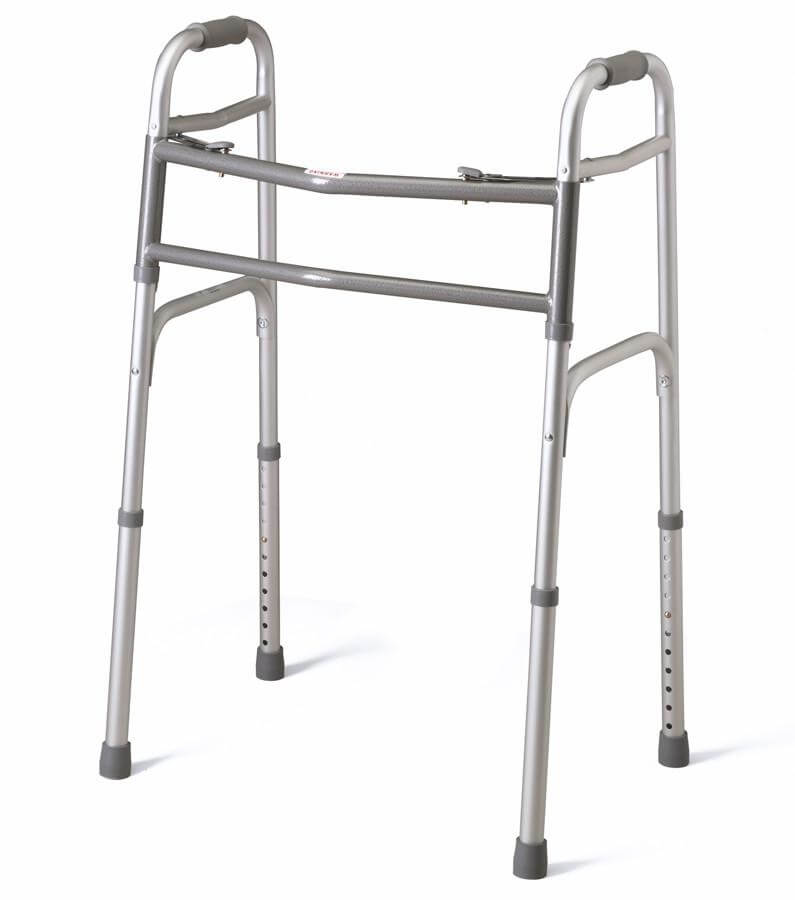 Folding walker with dual push-button release, gray aluminum frame, rubber grip handles, and non-slip rubber tips on four legs