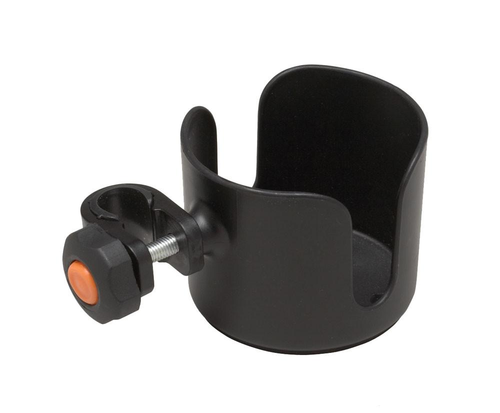 Cup holder with clamp-on mounting bracket and orange thumb screw for attaching to a mobility aid frame