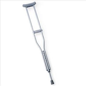 Standard aluminum crutch with padded underarm rest, hand grip, adjustable double tubes, and rubber tip on white background